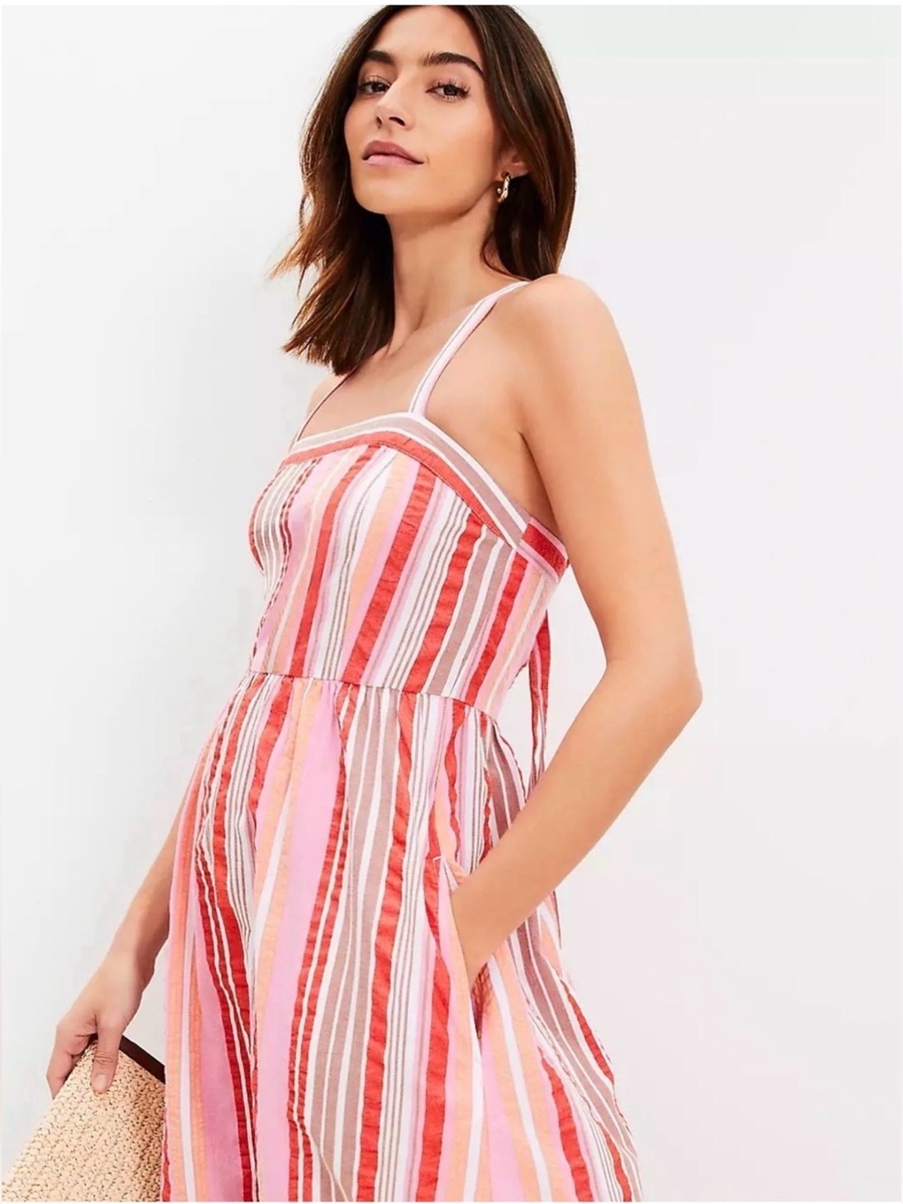 LOFT Pink and Red Striped Midi Dress with Crossback Tie Size 8 Petite
